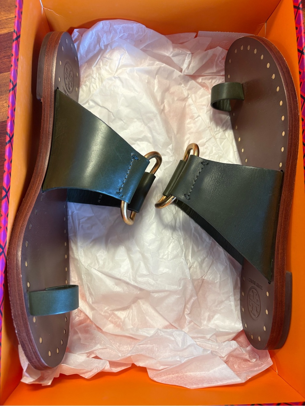 Tory Burch Brannan Studded Sandals in Olive Green Leather with Gold Hardware - Picture 13 of 14